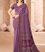 Purple printed crepe silk saree with unstitched blouse piece