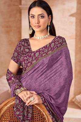 Purple printed crepe silk saree with unstitched blouse piece 2