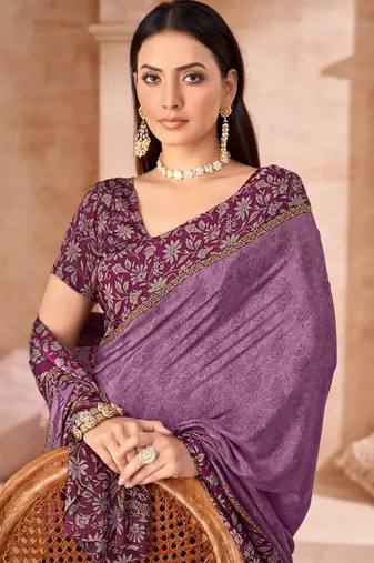 Purple printed crepe silk saree with unstitched blouse piece