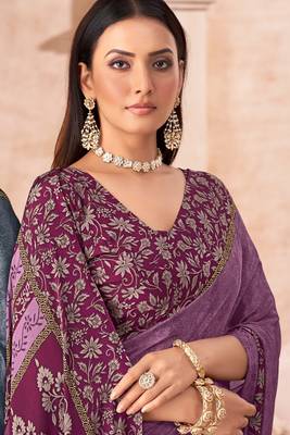 Purple printed crepe silk saree with unstitched blouse piece 3