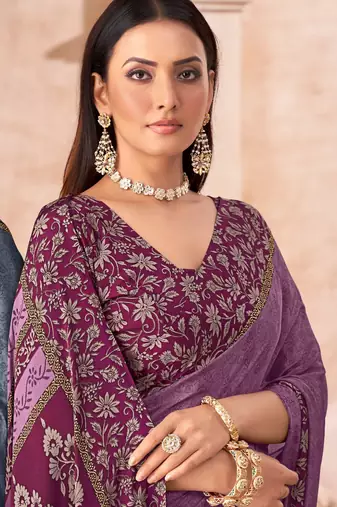 Purple printed crepe silk saree with unstitched blouse piece