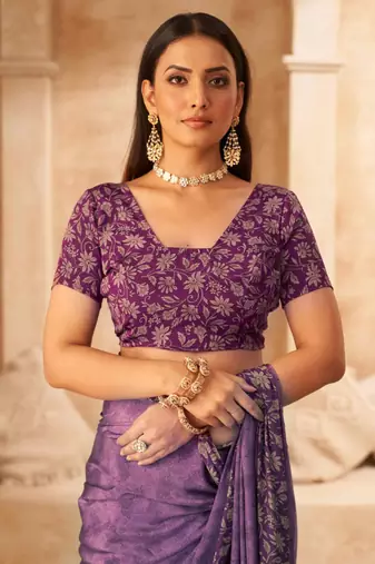 Purple printed crepe silk saree with unstitched blouse piece