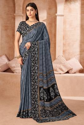 Grey printed crepe silk saree with unstitched blouse piece 1
