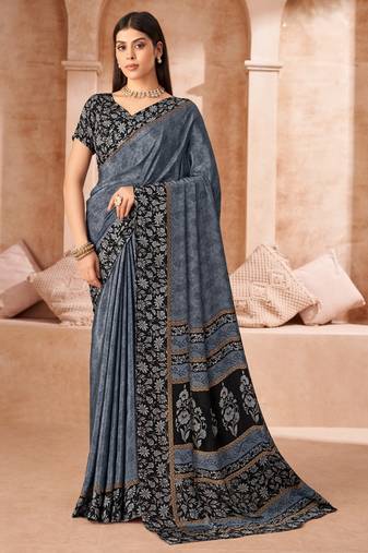 Grey printed crepe silk saree with unstitched blouse piece