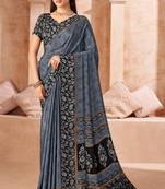 Grey printed crepe silk saree with unstitched blouse piece