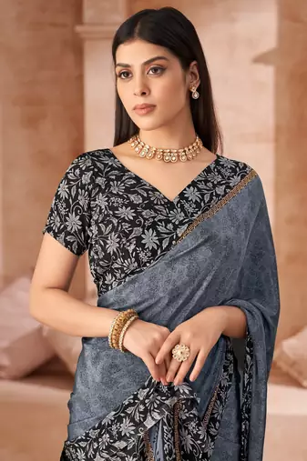 Grey printed crepe silk saree with unstitched blouse piece