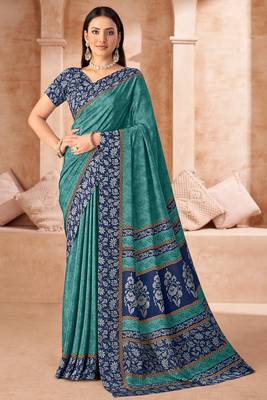 Sea green printed crepe silk saree with unstitched blouse piece 1