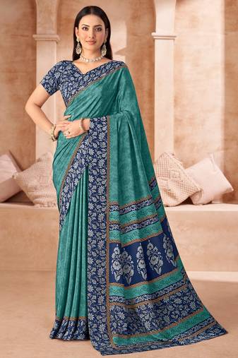 Sea green printed crepe silk saree with unstitched blouse piece