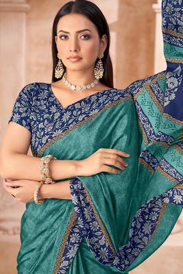 Sea green printed crepe silk saree with unstitched blouse piece 2
