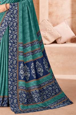 Sea green printed crepe silk saree with unstitched blouse piece 3