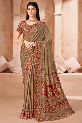 Coffee printed crepe silk saree with unstitched blouse piece 1