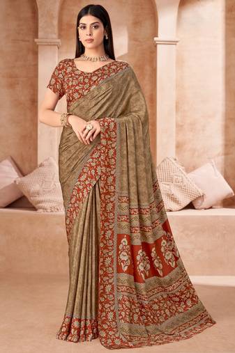 Coffee printed crepe silk saree with unstitched blouse piece