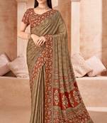 Coffee printed crepe silk saree with unstitched blouse piece