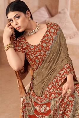 Coffee printed crepe silk saree with unstitched blouse piece 2