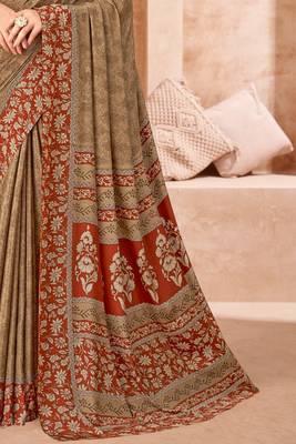 Coffee printed crepe silk saree with unstitched blouse piece 3