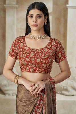 Coffee printed crepe silk saree with unstitched blouse piece 4