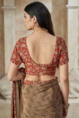 Coffee printed crepe silk saree with unstitched blouse piece 5