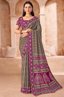 Greyish beige printed crepe silk saree with unstitched blouse piece 1