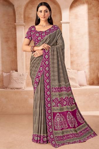 Greyish beige printed crepe silk saree with unstitched blouse piece