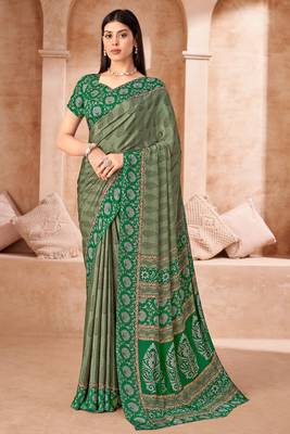 Green printed crepe silk saree with unstitched blouse piece 1