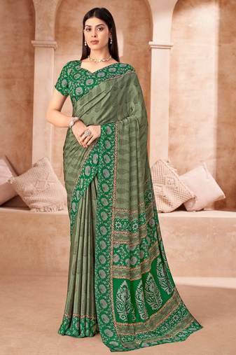 Green printed crepe silk saree with unstitched blouse piece