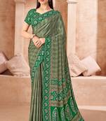 Green printed crepe silk saree with unstitched blouse piece