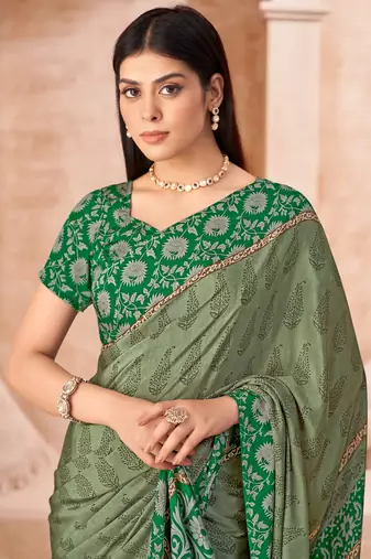 Green printed crepe silk saree with unstitched blouse piece