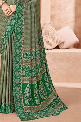 Green printed crepe silk saree with unstitched blouse piece 3