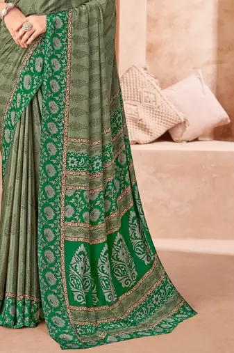 Green printed crepe silk saree with unstitched blouse piece