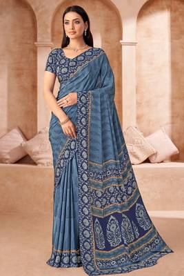 Pastel blue printed crepe silk saree with unstitched blouse piece 1