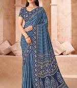 Pastel blue printed crepe silk saree with unstitched blouse piece