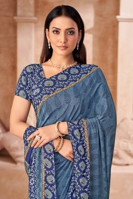 Pastel blue printed crepe silk saree with unstitched blouse piece 2