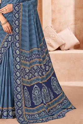 Pastel blue printed crepe silk saree with unstitched blouse piece 3