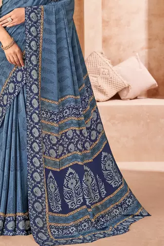Pastel blue printed crepe silk saree with unstitched blouse piece