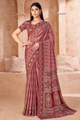 Onion pink printed crepe silk saree with unstitched blouse piece 1