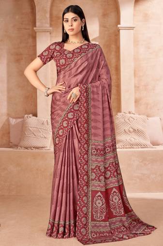 Onion pink printed crepe silk saree with unstitched blouse piece