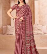 Onion pink printed crepe silk saree with unstitched blouse piece