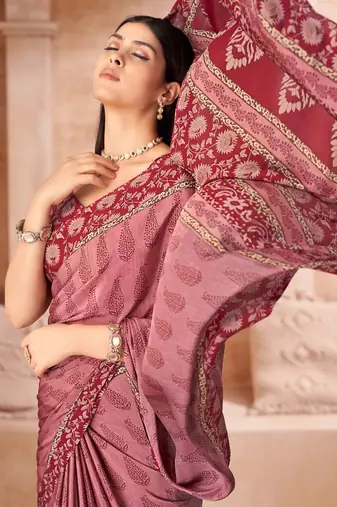 Onion pink printed crepe silk saree with unstitched blouse piece