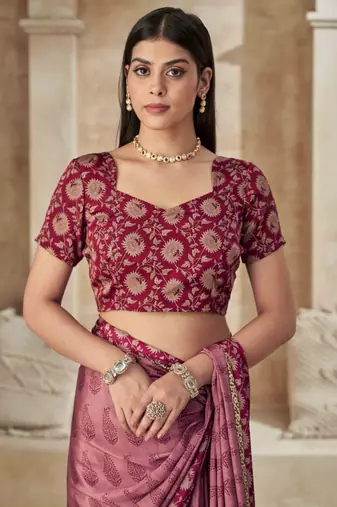 Onion pink printed crepe silk saree with unstitched blouse piece