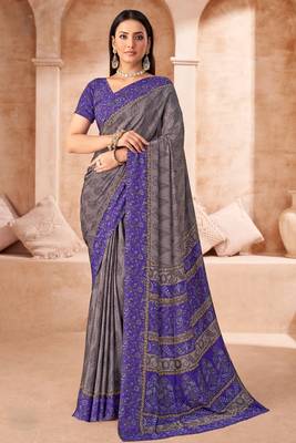 Grey purple printed crepe silk saree with unstitched blouse piece 1