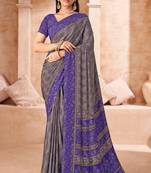 Grey purple printed crepe silk saree with unstitched blouse piece