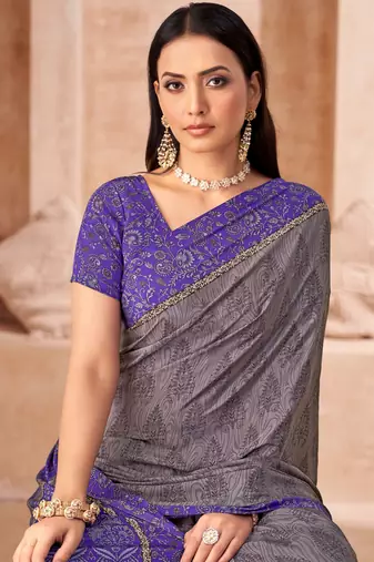 Grey purple printed crepe silk saree with unstitched blouse piece
