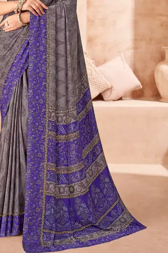 Grey purple printed crepe silk saree with unstitched blouse piece
