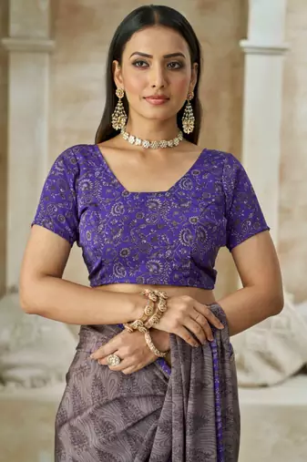 Grey purple printed crepe silk saree with unstitched blouse piece