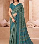Green printed crepe silk saree with unstitched blouse piece