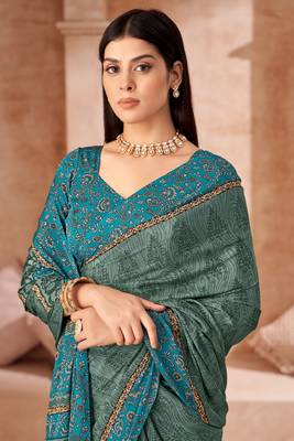 Green printed crepe silk saree with unstitched blouse piece 2