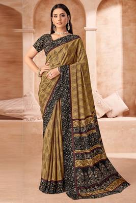 Mustard printed crepe silk saree with unstitched blouse piece 1