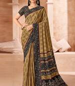 Mustard printed crepe silk saree with unstitched blouse piece