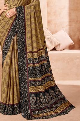 Mustard printed crepe silk saree with unstitched blouse piece 3