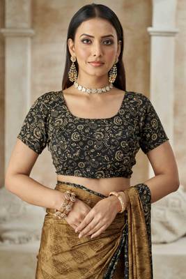 Mustard printed crepe silk saree with unstitched blouse piece 4